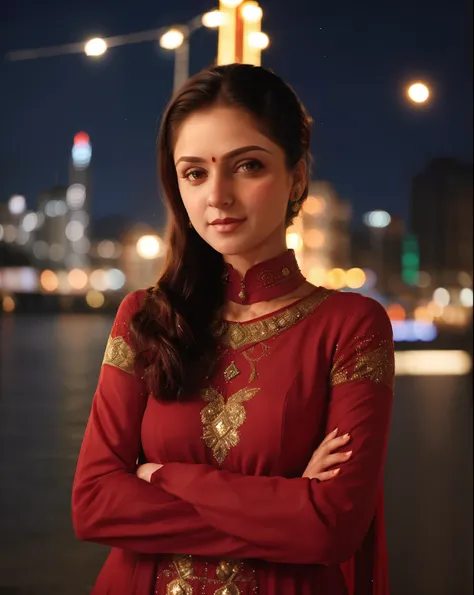 a photo of a 30-year-old woman, smrn, professional portrait photo,high neck anarkali suit, high ponytail,  solo, night time, cit...