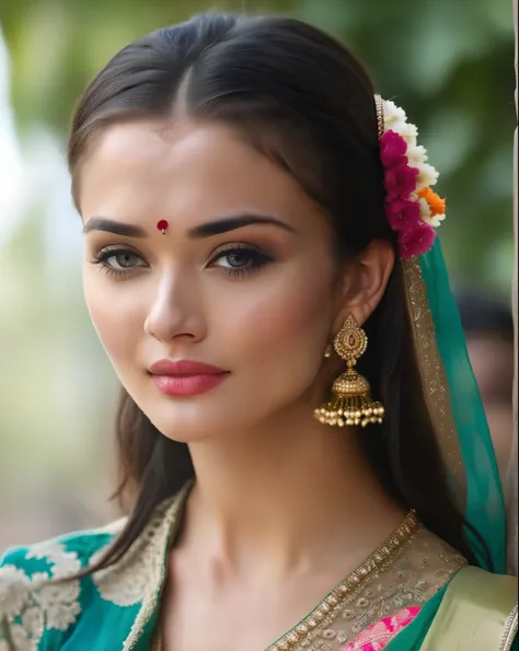 ultrarealistic soft focus photo of a 30-year-old woman, amy jackson, outdoors, high neck long anarkali gown lace covering chest ...