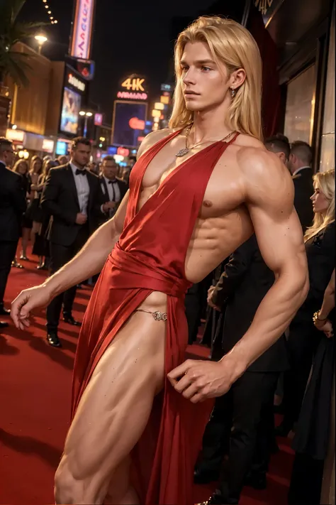 (best quality,4k,highres,ultra-detailed,realistic:1.37),portrait,HANDSOME MEN,lean body,diamond necklace,long blond hair,feminine pose,18 year old,man in red carpet dress,LAS VEGAS,