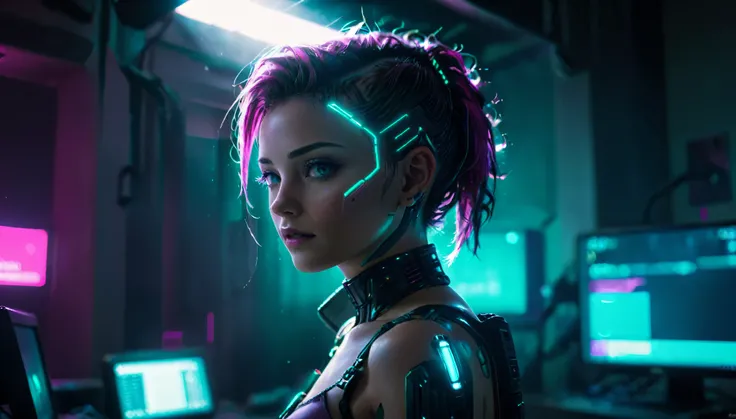 a painting of im just going to stay inside and play cyberpunk on my computer, magenta highlights and teal color grading, portrait photo, film, studio lighting, detailed skin, ultra realistic, bokeh, sharp features, 4k, backlit, silhouette, vogue, (god rays...