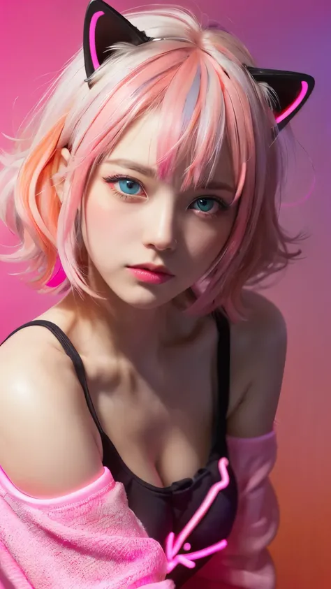 (Neon Pink Theme:1.2), masterpiece, highest quality, 4k, (realistic), Bokeh, enlightenment,(1 perfect portrait of a girl), (A fascinating eye for perfect detail:1.2), colorful hair, (gradient hair), (Neon pink soft hair:1.6), (Cat ear:1.2), fantasy backgro...