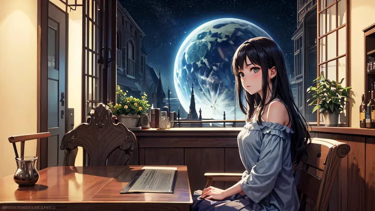 Singular light, alone, woman, cosmic, fantsy, looking away:1.4, adult, busty, Ghibli-like design, living room, sitting, dark hair, studying, face seen from the side, Completely sideways,landscape orientation, side view, bar