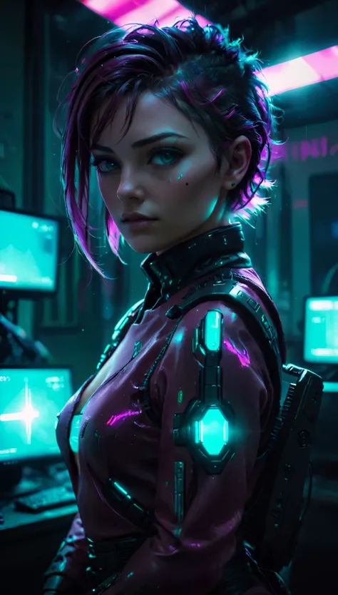 a painting of im just going to stay inside and play cyberpunk on my computer, magenta highlights and teal color grading, portrait photo, film, studio lighting, detailed skin, ultra realistic, bokeh, sharp features, 4k, backlit, silhouette, vogue, (god rays...
