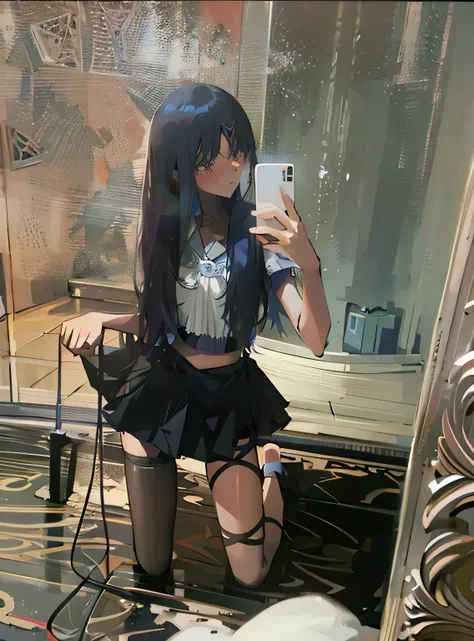 (masterpiece, best quality), (Ridiculous:1.2), (anime illustration:1.2), (Super detailed, 8K, ultra high definition:1.2), 1 girl, young, Slim, long hair, Sitting on the wooden floor, indian style sitting pose, film composition, blush, Awkward, , skirt, Sho...