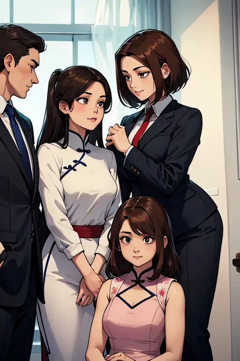 a family of international marriage in the center is the daughter of this family, a teenager who wears teenage clothes
father brunette Chinese with a business suit with a serious look
American mother with brown hair and smiling
