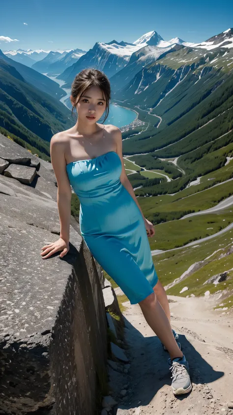 mountain climbing、mountain climbingガール、One female、beautiful woman, switzerland, alaps valley, Silky Cyan strapless dress, 