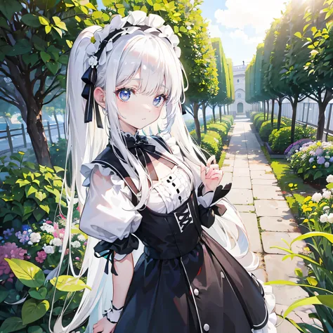 white hair，long hair，Bangs，Bangs neatly，black headband，gray eyes，girl，cute，lolita costume，background garden