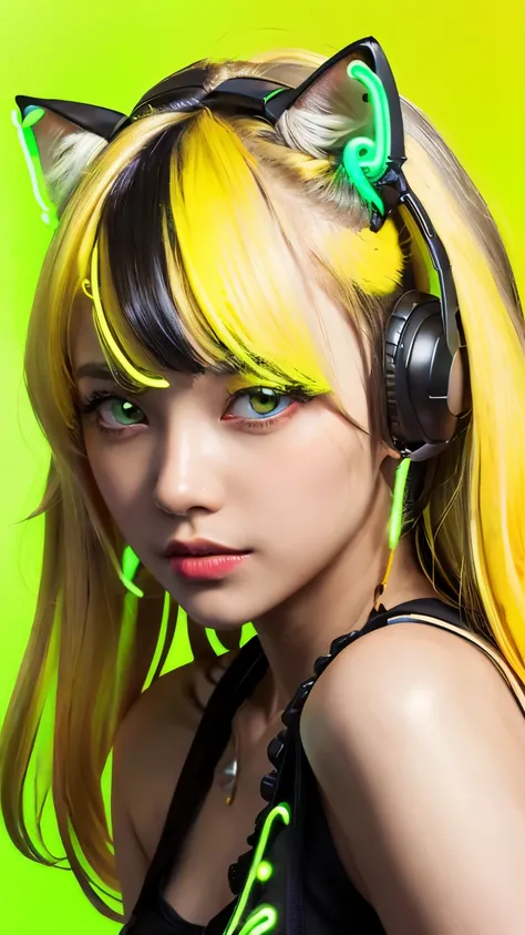 masterpiece, highest quality, 4K, Photorealistic, bokeh, enlightenment,1 perfect portrait of a girl, (A fascinating eye for perfect detail:1.2), colorful hair, (gradient hair), (neon yellow hair:1.6), (Cat ear:1.2), fantasy background, (exposed bare should...