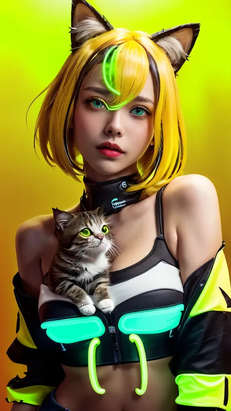 masterpiece, highest quality, 4K, Photorealistic, bokeh, enlightenment,1 perfect portrait of a girl, (A fascinating eye for perfect detail:1.2), colorful hair, (gradient hair), (neon yellow hair:1.6), (Cat ear:1.2), fantasy background, (exposed bare should...