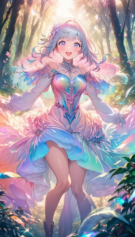 best quality, super fine, 16k, incredibly absurdres, extremely detailed, beautiful woman, excited look, in the forest, fluffy pastel color image style, fantasy world image, fantastic and mysterious, variety of visual styles that combine various artistic el...