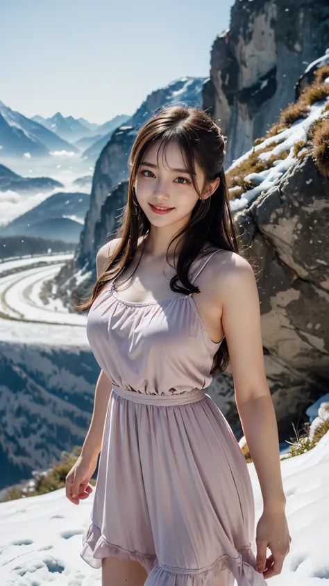 mountain climbing、mountain climbingガール、One female、beautiful woman, switzerland, alaps valley, Silky Satin pink chiffon Sundress, Perfect Young breasts under the dress, Beautiful Smile, (Smile: 1.2), 22 Years beautiful Korean Girl, Ultra Realistic, Ultra HD...