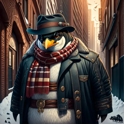 Image of penguin wearing hat and scarf, art station trend, wearing punk clothes, Ultra-realistic rendering of details, british gangster, urban style, threatening posture, Penguin Planet, fashionable clothes, city samurai, West Slavic characteristics, round...