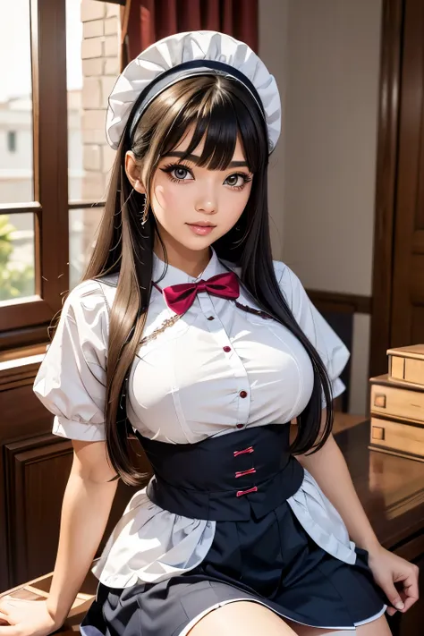 Menhera female clerk in maid uniform, middle chest, middle buttocks, waist, detailed eyes, detailed mouth, eye shadow, long eyelashes, open mouth, masterpiece