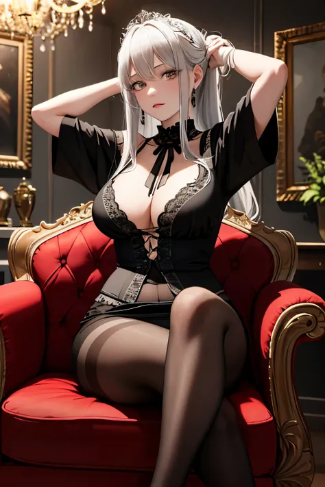 In the dimly lit living room, a slender yet plump girl with fluffy silver hair sits on an antique armchair. She is dressed in a white blouse, a black wrinkled skirt, and black transparent pantyhose. With her hands behind her head, she leans back, exposing ...