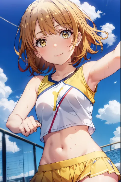 irohaisshiki, iroha isshiki, short hair, brown hair, (brown eyes:1.5), smile,happy smile, smile, open your mouth,(cheer leading), (whole body), big breasts, lower, (sweaty), sweaty Wet Clothes, (yellow clothes), , Navel support, playground, (jump), (jump),...