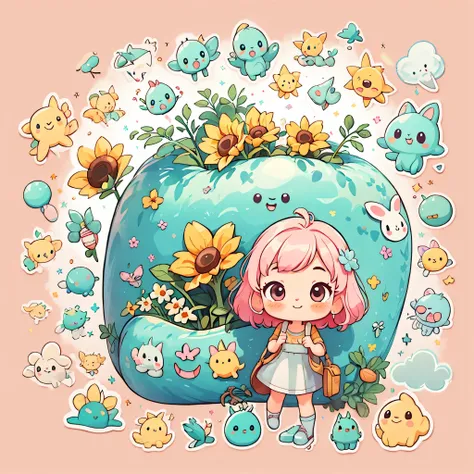 sticker，1 girl，(((Chibi)))、simple background，pink hair，bob hair，sunflower，best smile、Cute Aliens