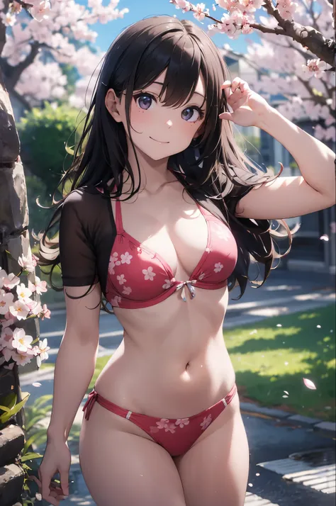 Iにさせて&#39;Imagine the scene。In the background, Rows of cherry blossom trees in full bloom、Pale pink petals falling from the sky。Model looks perfect in cute red swimsuit.、smile at the camera、take a pose。her bikini is、In the same color as cherry blossom peta...