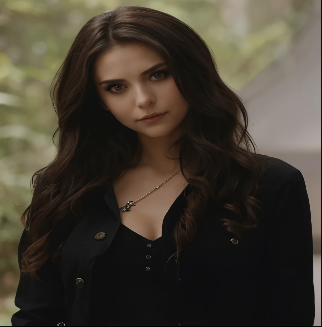 um close de uma mulher com cabelos longos e uma camisa preta, nina dobrev, as a vampiro, quente, ainda promocional, mulher deslumbrante, promotion still, inspirado em Katerine petrova, lindo escuro, inspirado em Katherine pierce, vampiro, intense combustio...