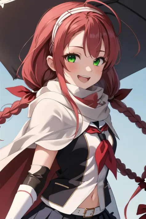 highest quality, masterpiece, High resolution, 一人in, {kawakaze_Fleet Collection:1.15}, length_hair, red_hair, ribbon, hairband, hair_ribbon, 前hair, Ahoge, twintails, side lock, low_twintails, asymmetrical_前hair, very_length_hair, smile, green_eye, serafuku...