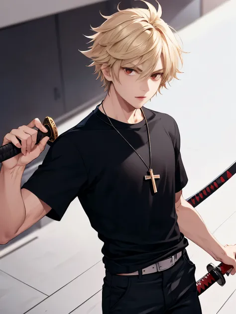 1 boy, guy, handsome, 18 years old, close up photo,walking,Short hair,Holding a katana sword,blonde hair, messy hair, handsome,black t-shirt,Cross necklace,black trousers,red eyes, vampire, ultra detail, ultra HD, masterpiece, best quality