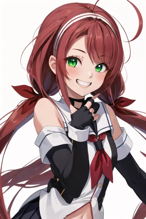 highest quality, masterpiece, High resolution, 一人in, {kawakaze_Fleet Collection:1.15}, length_hair, red_hair, ribbon, hairband, hair_ribbon, 前hair, Ahoge, twin tails, side lock, low_twin tails, asymmetrical_前hair, very_length_hair, smile, green_eye, serafu...