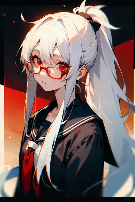 Long white hair with a single ponytail，red eyes，female high school student，HD，square frame glasses