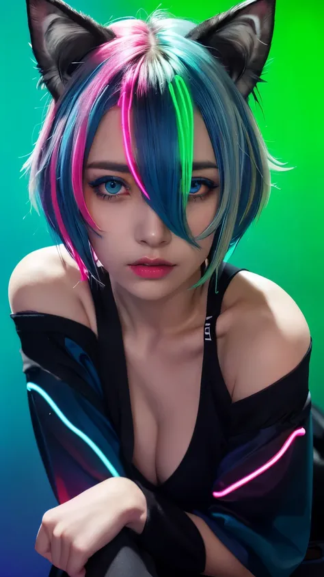 masterpiece, highest quality, 4K, Photorealistic, bokeh, enlightenment,1 perfect portrait of a girl, (A fascinating eye for perfect detail:1.2), colorful hair, (gradient hair), (neon blue hair:1.6), (Cat ear:1.2), fantasy background, (exposed bare shoulder...