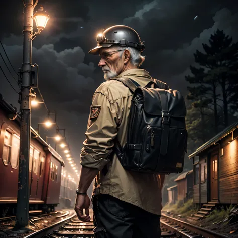 wearing a backpack、realistic image of old man in traveler&#39;s clothing,with a steel helmet， carry a flashlight, walking along ...