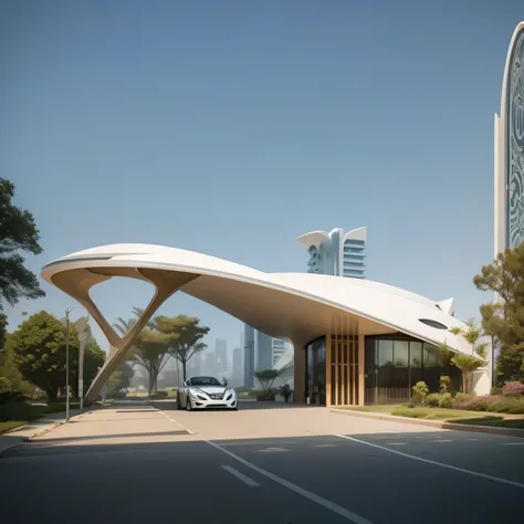 Arabic-style buildings on the roadside，There is a car parked in front, by Zha Shibiao, inspired by Zha Shibiao, architectural renderinging, Zaha Hadid Style architect, norman foster style, architectural visualization, concept house, Zaha Hadid Style, organ...