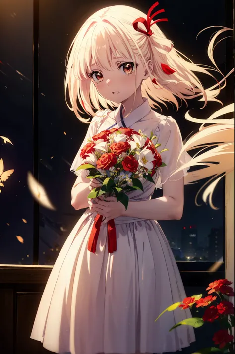 chisatonishikigi, Chisato Nishikigi, long hair, bangs, blonde hair, (red eyes:1.5), hair ribbon, one side up, tears run down her face,Crying with joy,blush,smile, open your mouth,Red Wedding Dress,veil,Red wedding skirt,bouquet,bouquetトス,holding a large bo...