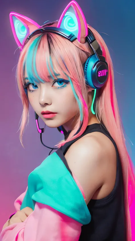 masterpiece, highest quality, 4K, Photorealistic, bokeh, enlightenment,1 perfect portrait of a girl, (A fascinating eye for perfect detail:1.2), colorful hair, (gradient hair), (neon blue and pink soft long hair:1.6), (Cat ear:1.2), fantasy background, (ex...