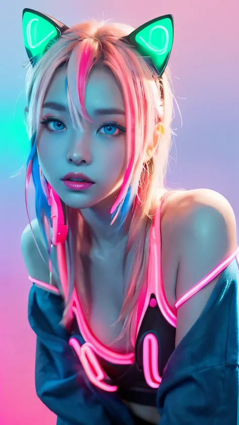 masterpiece, highest quality, 4K, Photorealistic, bokeh, enlightenment,1 perfect portrait of a girl, (A fascinating eye for perfect detail:1.2), colorful hair, (gradient hair), (neon blue and pink soft long hair:1.6), (Cat ear:1.2), fantasy background, (ex...