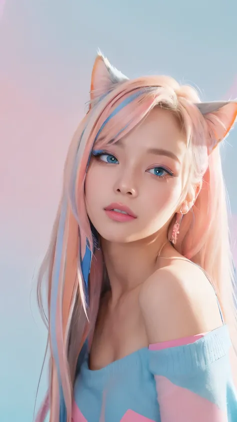 masterpiece, highest quality, 4K, Photorealistic, bokeh, enlightenment,1 perfect portrait of a girl, (A fascinating eye for perfect detail:1.2), colorful hair, (gradient hair), (blue and pink soft long hair:1.6), (Cat ear:1.2), fantasy background, (exposed...