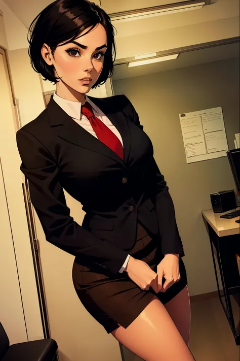 woman, short black hair, wearing a brown office suit, office skirt, red tie, no background,