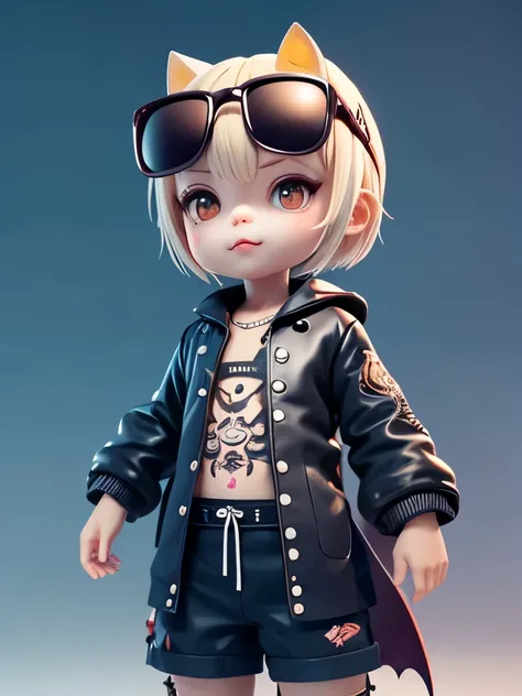 Little bat wearing sunglasses,boy , Nice 3D rendering, Wearing big black sunglasses、, full  sleeve tattoo on arms, tattoo,, かわいいboy ,Naughty, Beautiful and detailed digital art, , Stylized 3D rendering, 3D rendering character art 8k, cute numbers, Anime st...