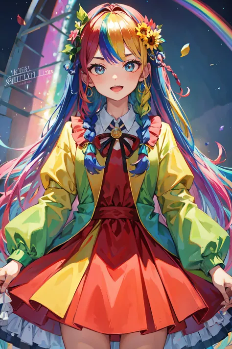 （In 8K, highest quality, pieces fly:1.2)、ultra high resolution,1 female 16 years old、super detailed face,fine eyes,open your mouth,laughter,((rainbow hair)),asymmetrical bangs,twin braids,break,((flower dress)),ruffle skirt,break,(rainbow light:1.4),botani...