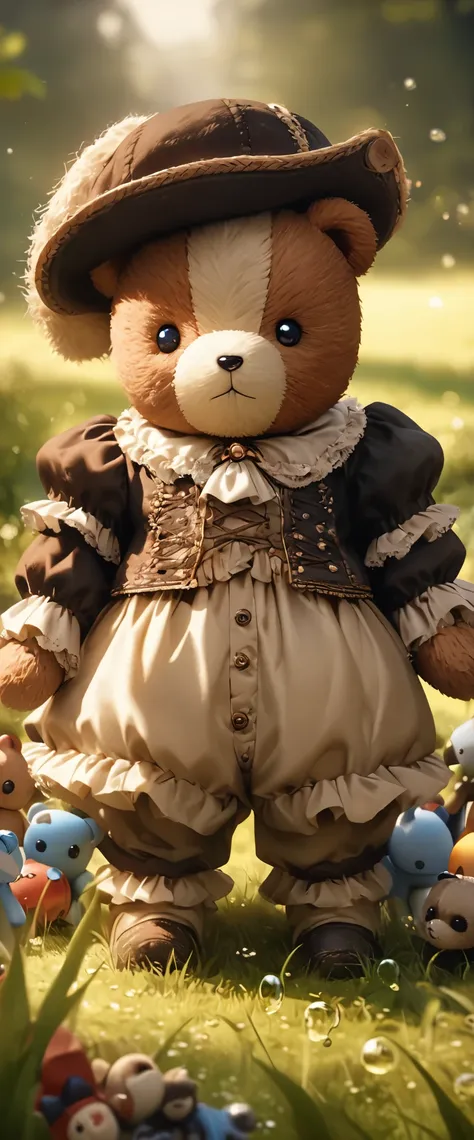 knitted teddy bear, small anthropomorphic animals, With a hat on，Wearing antique clothes from the 17th century, Macro photography in lush grass, Dewdrops reflecting the environment, Super detailed toys, You can see every fiber of wool on the toy, You can s...