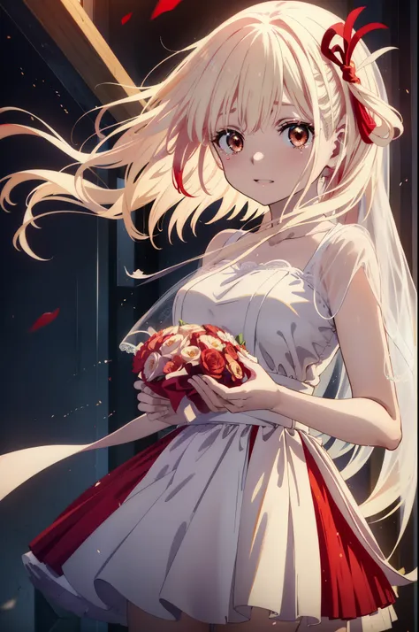 chisatonishikigi, Chisato Nishikigi, long hair, bangs, blonde hair, (red eyes:1.5), hair ribbon, one side up, tears run down her face,Crying with joy,blush,smile, open your mouth,Red Wedding Dress,veil,Red wedding skirt,bouquet,bouquetトス,holding a large bo...