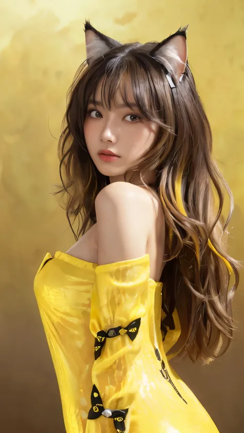 masterpiece, highest quality, 4K, Photorealistic, bokeh, enlightenment,1 perfect portrait of a girl, (A fascinating eye for perfect detail:1.2), colorful hair, (gradient hair), (Yellow + brack soft long hair:1.6), (Cat ear:1.2), fantasy background, (expose...