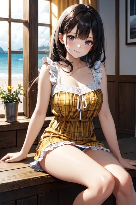 very cute and beautiful girl sitting near window,(yellow plaid summer dress with detailed frills),sleeveless,detailed lace,(spread legs,white panties), (highly detailed beautiful face and eyes),beach,wooden floating cottage, (smile),blush,black hair, (best...