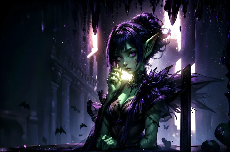 ((best quality)), ((masterpiece)), (detailed), dark gothic horror style, halloween style, very small goblin girl, green skin, po...