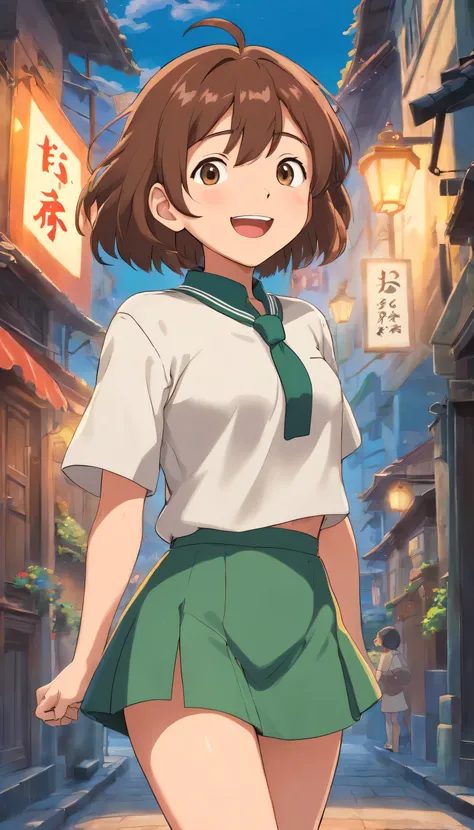 1 young_teen_ girl,Brown_hair、Moderate_bob_hair,green_abdomen_exposed_crew_uniform,mini_skirt,short_sleeve,thigh,Huge_,anger,smile,Open_mouth,Are standing,port_background, Slightly_spread_foot, happiness, NSFW, short_gloves ,alone