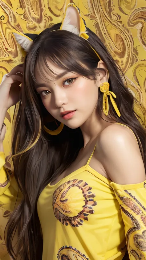 masterpiece, highest quality, 4K, Photorealistic, bokeh, enlightenment,1 perfect portrait of a girl, (A fascinating eye for perfect detail:1.2), colorful hair, (gradient hair), (Yellow soft long hair:1.6), (Cat ear:1.2), fantasy background, (exposed bare s...