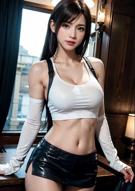 (Photorealistic: 1.4), top quality, very delicate and beautiful, high resolution, 1girl, tifa_lockhart, smile, cowboy shot, suspenders, low rise, mini skirt, tank top, tense shirt, black hair, long hair, elbow gloves, beautiful detailed red eyes, face ligh...