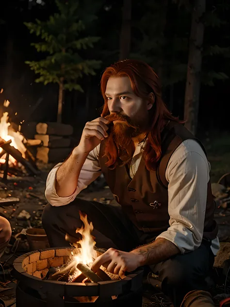 Medieval man with  red hair, beard and moustache by the campfire 