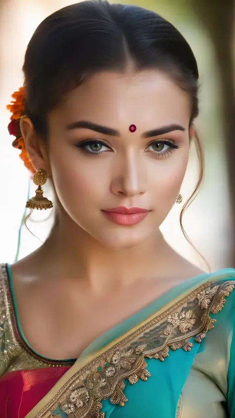 ultrarealistic soft focus photo of a 30-year-old woman, amy jackson, outdoors, high neck long anarkali gown lace covering chest ...