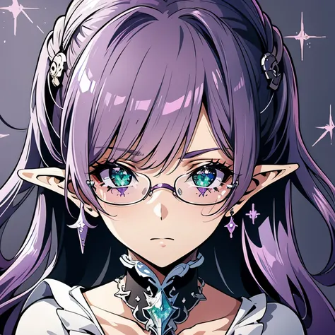 (((purple, Silver, sparkling)), goblin), Limited palette, contrast, amazing aesthetics, highest quality, gorgeous artwork, Glasses, green eyes, pink hair