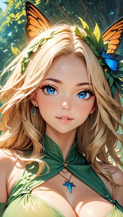 (highest quality, 4k, 8K, High resolution, masterpiece:1.2), Super detailed, high contrast, masterpiece:1.2, best quality, best aesthetics, Portrait, Ukrainian forest fairies, sweet, Bewitching, charm, Mature charm, giga_busty, blonde, blue eyes, smooth sk...