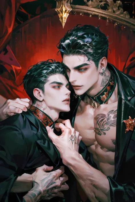 Mafia Noir Casino Gambling Bar Vampire dominant alpha gay couple macho sexy handsome demon adult men with tattoos big chest big abs slicked back hairstyle smoking red eyes charisma goth ((perfect face structure)) detailed stylized ((handsome male couple)) ...