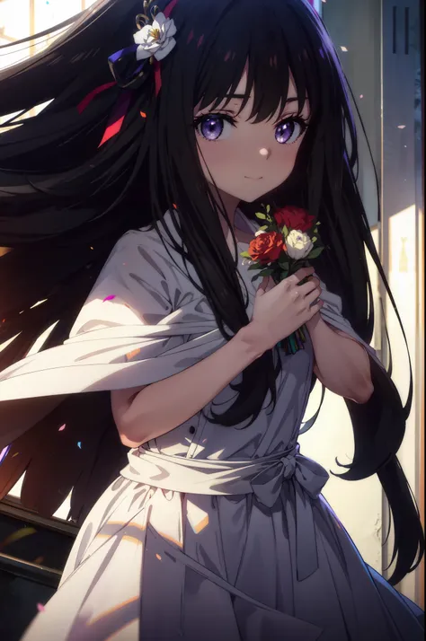 takiuchi kame, check it out, long hair, bangs, black hair, (purple eyes:1.2),
blush,smile, wedding dress,veil wedding skirt,bouq...